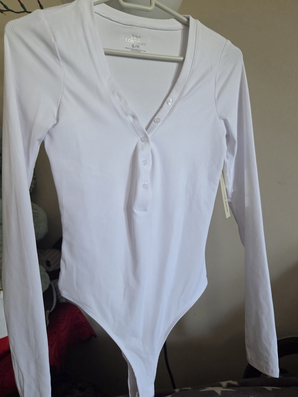 White Ribbed Long-Sleeve Henley Bodysuit - S/P